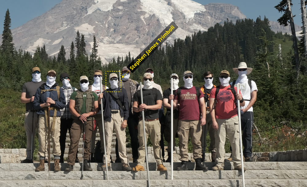 Stephen Trimboli present in a Patriot Front group photo opportunity in front of Mount Rainier.